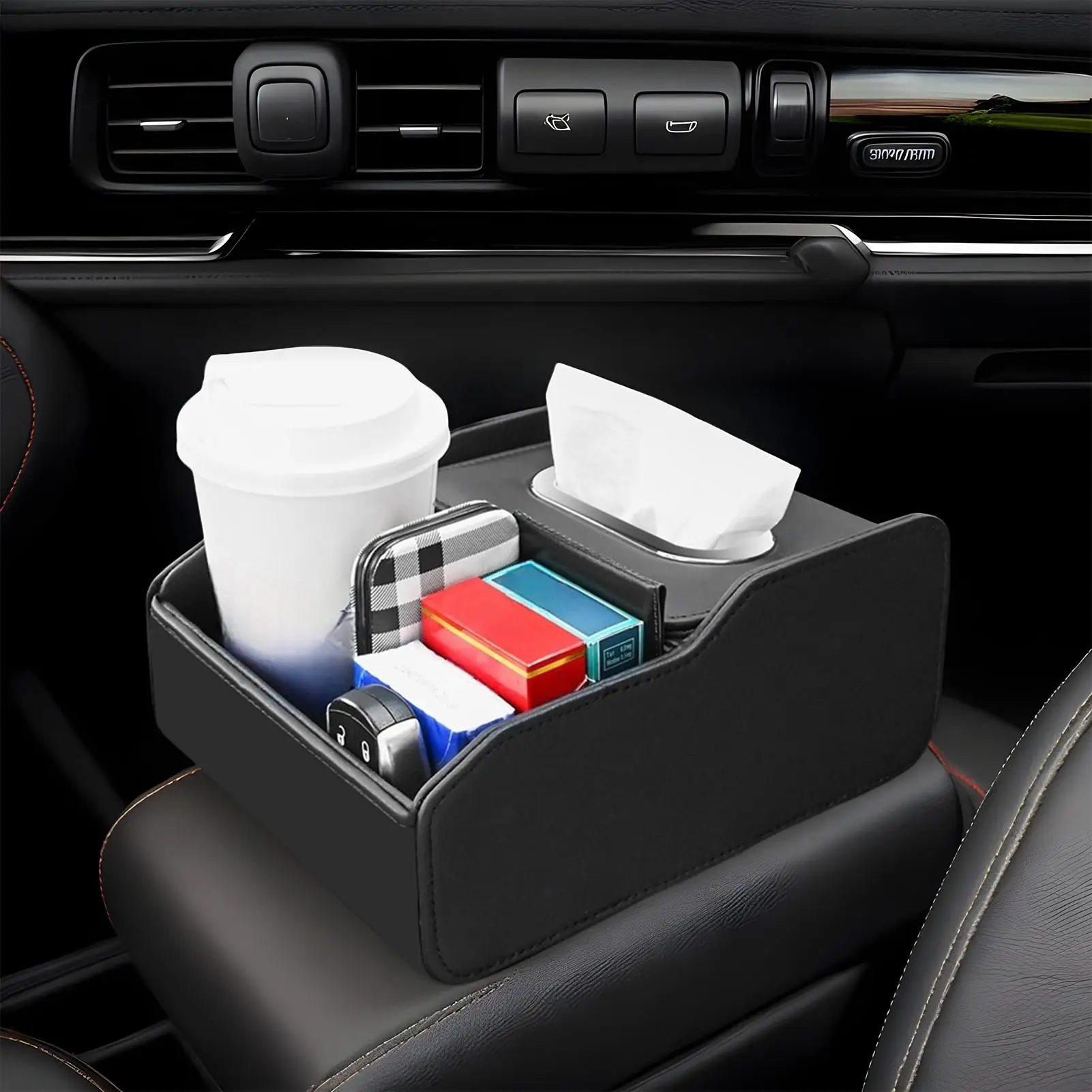 

Автомобильный органайзер-контейнер с отделениями для хранения в салоне автомобиля: для подлокотника, ключей, солнцезащитных очков, карт, салфеток, телефона