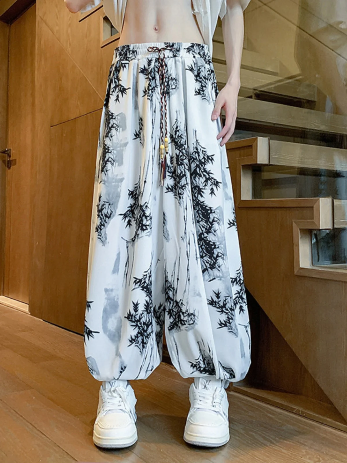 

Новые китайские брюки-фонарики из ледяного шелка с эффектом тай-дай, свободного кроя, летние, повседневные, для мужчин, с эластичным поясом, в стиле молодежной энергии