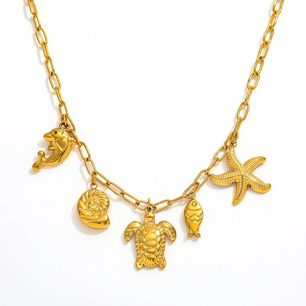 

Joolim Jewelry Wholesale No Fade Ocean-style Conch Starfish Turtle Dolphin Fish Pendant Stainless Steel Necklace for Women