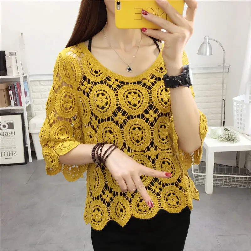 Lace Top Women\'s Short Hollow Knitted Blouse New Loose Spring and Summer Round Neck Five-point Sleeve Handmade Sweater Female