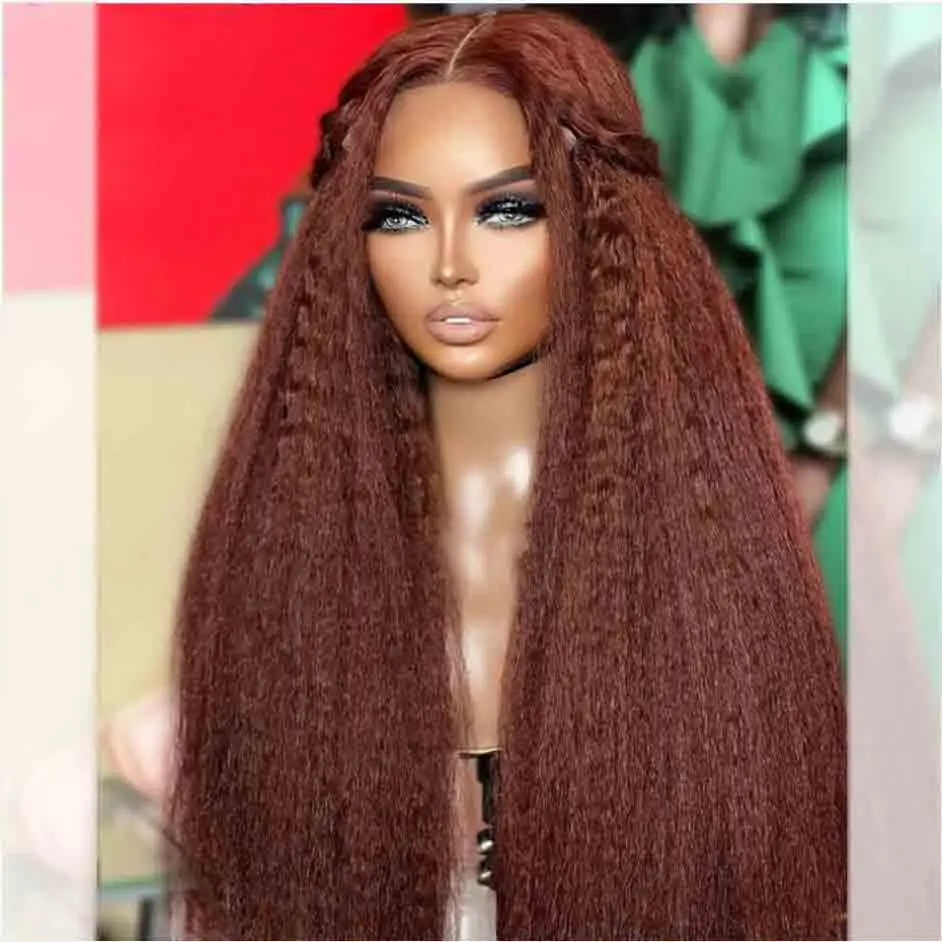 

Soft Yaki 180%Density 26inch Orange Brown Long Kinky Straight Lace Front Wig For Black Women Baby Hair Glueless Preplucked Daily