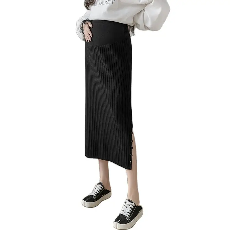 

New Winter Maternity Knitted Skirts Pregnancy High Waist Abdomen Slim Hips Skirt Buttons Side Split Pregnant Woman Long Skirts