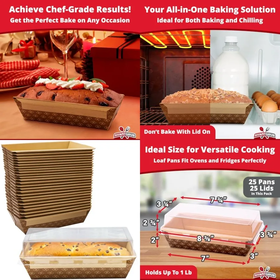 

Chef-Grade 1Lb Paper Loaf Pans w/Lids. Elegant Disposable Bakeable Kraft Pan Supplies for Baking Bread, Small Meatloaf, Bundt C