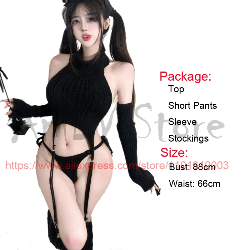 AniLV Japanese Anime Girl Turtleneck Sweater Set Uniform Women Knitted Temperament Lingerie Outfits Pajamas Erotic Costumes