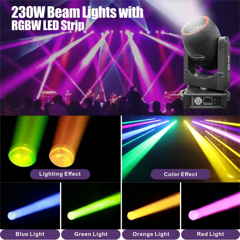 

230W RGBW LED Stage Light with 7R Beam Moving Head 15 Gobo 12 Color Options DMX512 Control for Nightclub Wedding DJ Disco
