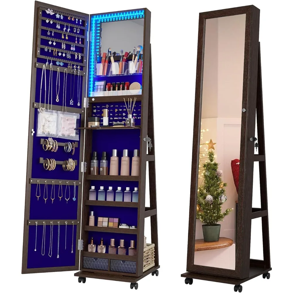 360° Rotating Jewelry Armoire with Lights, Lockable Mirror Jewelry Cabinet, Standing Full Length Mirror with Jewelry Storage