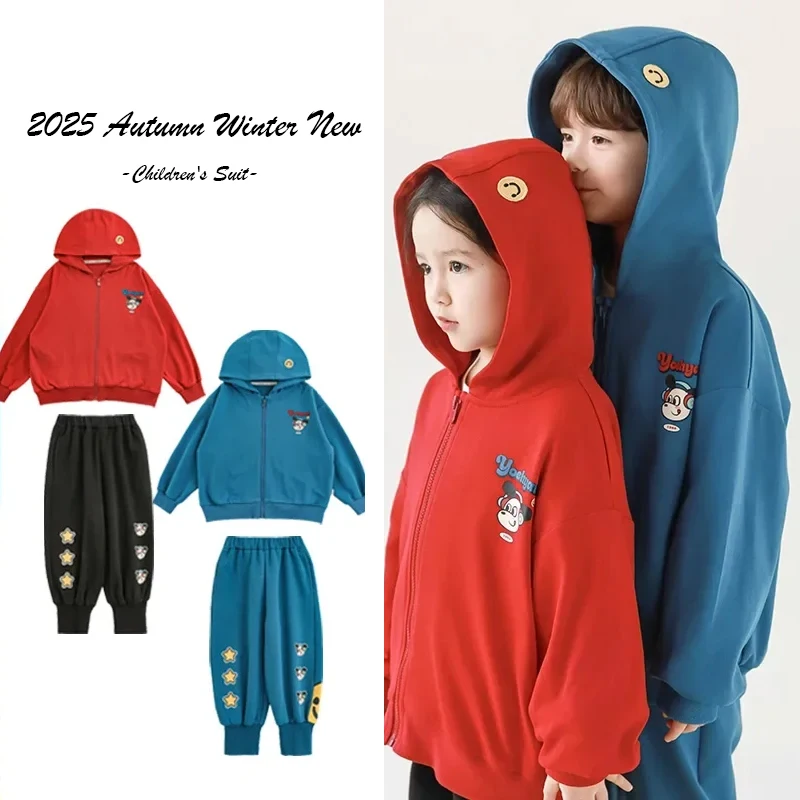 

2025 Winter New Children's Sports Shirt Set Cartoon Printed Men's Hoodie Coat Pants Set Casual Girls' Jacket Children's Clothing