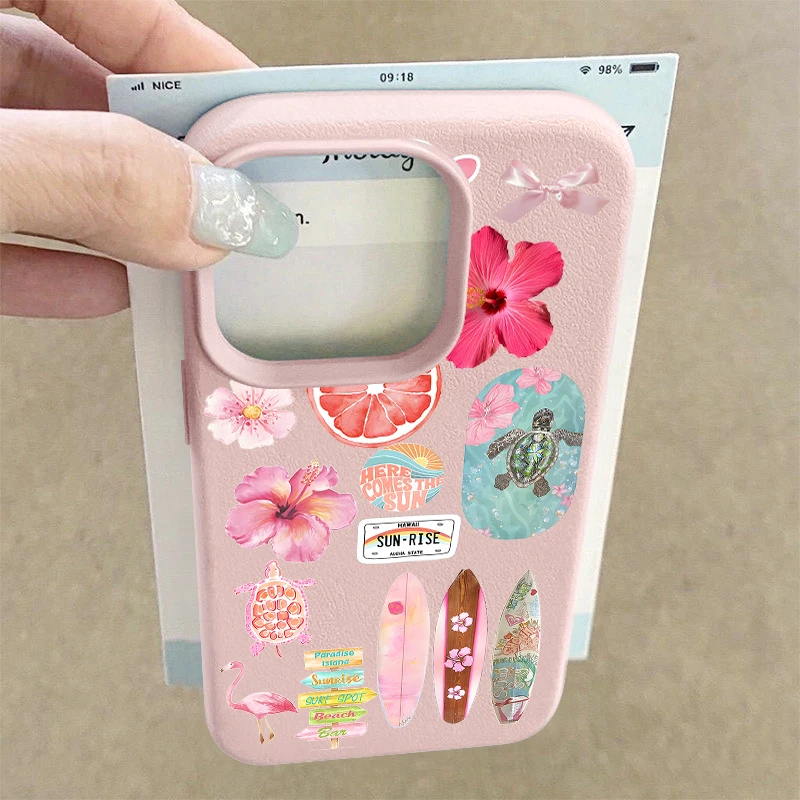 Ozean Blumen Seepferdchen Schildkröte Print Handyhülle für iPhone 17 16 15 14 13 12 Pro Max 17 Pro Air 11 16e Leder Textur TPU Cover