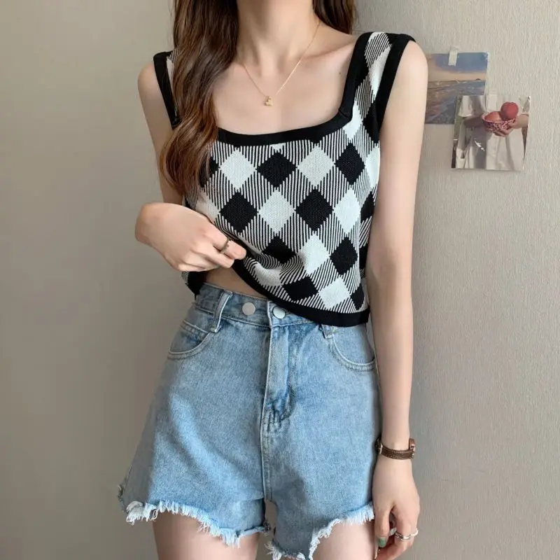 Retro Fashion Plaid Knitting Tank Top Summer New Women Clothing Sweet All-match Elasticity Top Tee Female Casual Pullover Tshirt