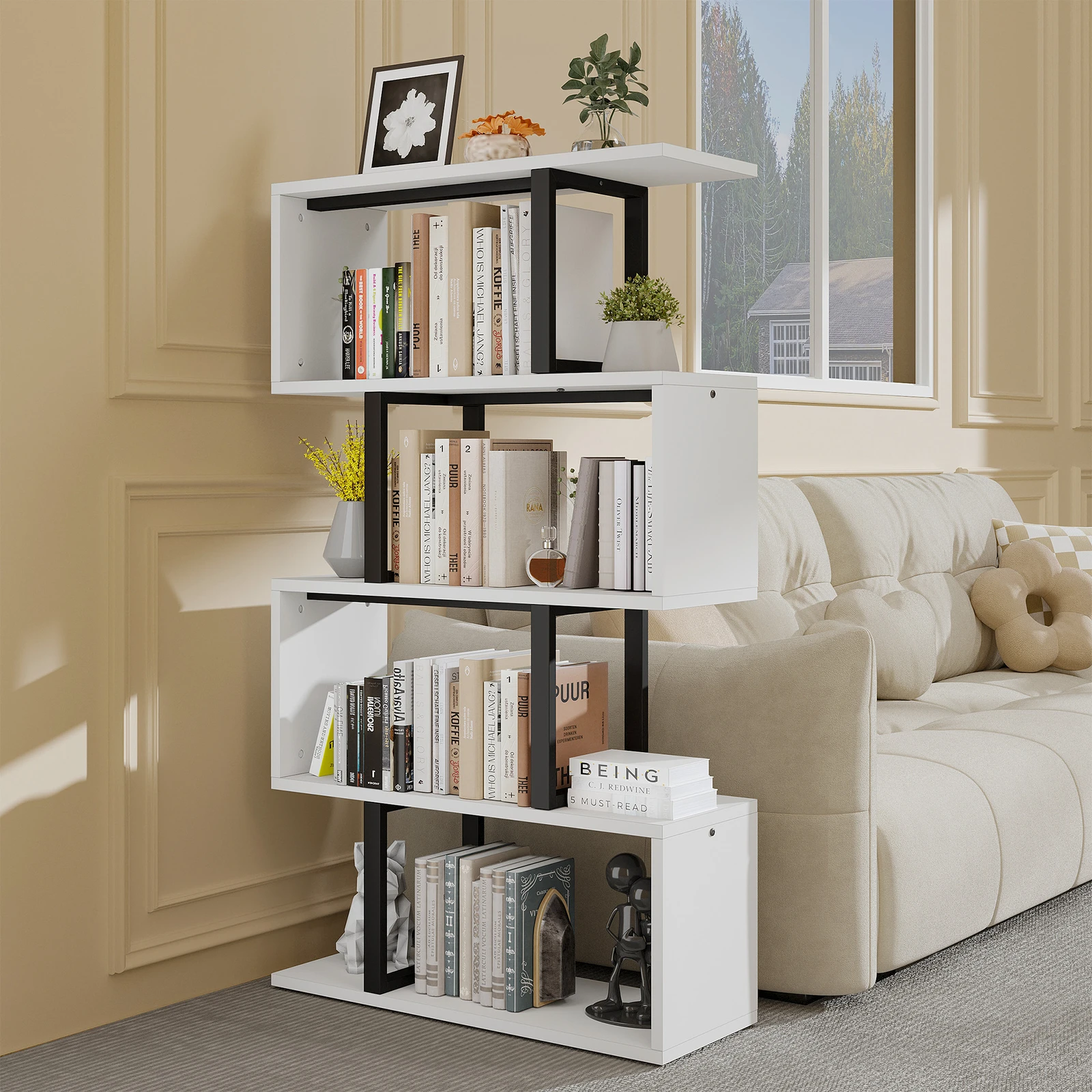 Bookshelf Geometric Bookcase Freestanding S-Shaped Display Shelf