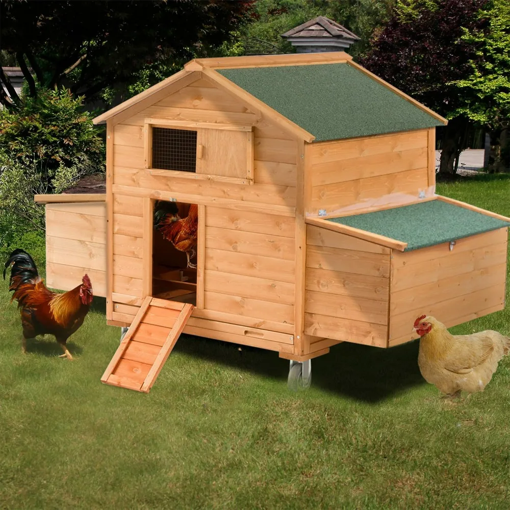 Large Chicken Coop with Wheels, Waterproof Outdoor Hen House, Movable Chicken House with Two Nesting Box, Removable Tray, Cages