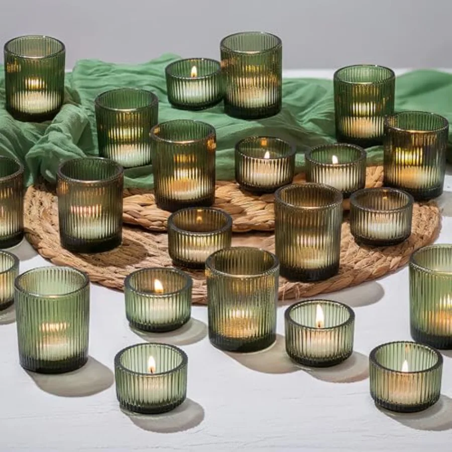 

Glass Tealight Candle Holder: 24 PCS Green Ribbed Votive Candle Holders Bulk Small Christmas Tea Lights Holders for Table Cente