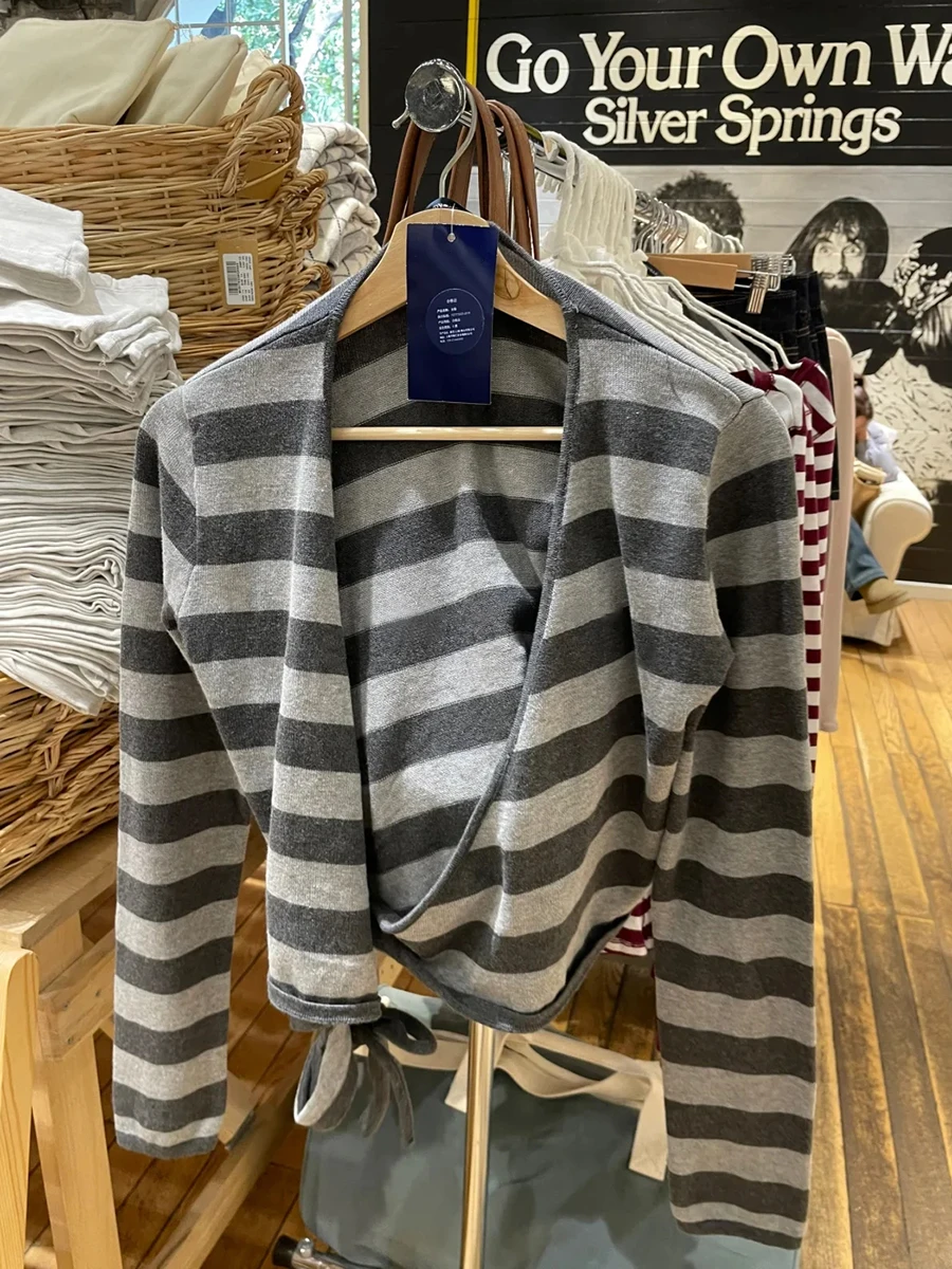 

Striped Lace-up Knitted Long Sleeve T-shirt Cardigan Spring V-neck Cotton Smock Tops Female Casual Simple Sweet Wrap Tees Y2k