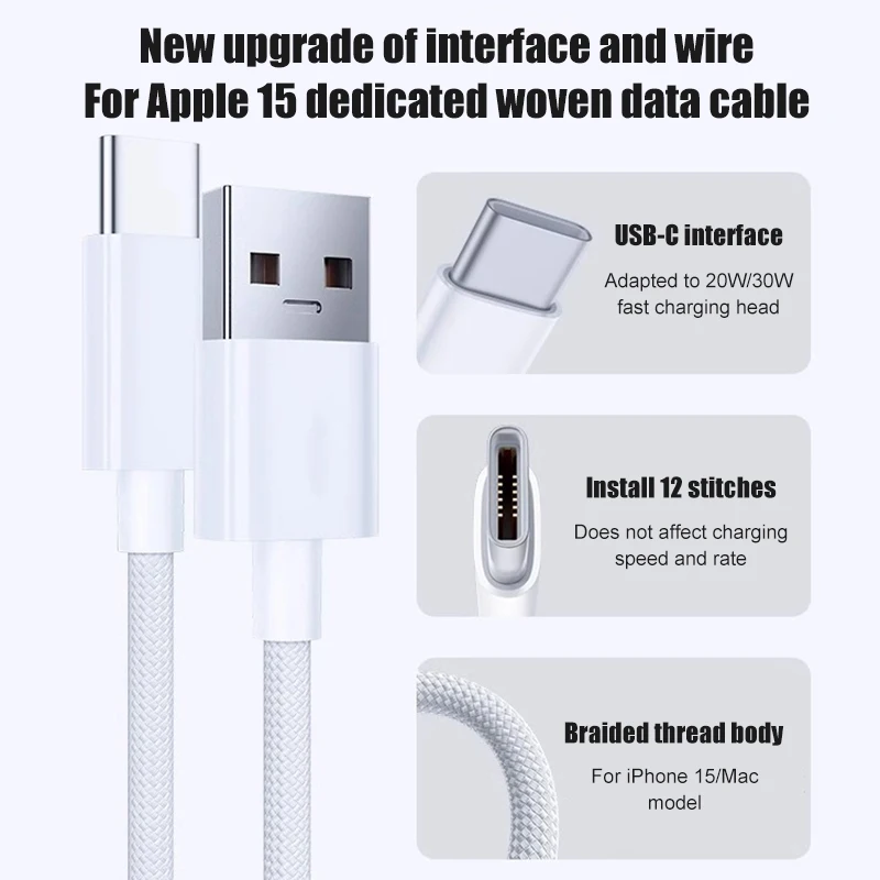 Cable USB C 60W para iPhone 16 15 17 Pro Max 17 Air Plus Carga Rápida Tipo-C Trenzado USB a Tipo C 6