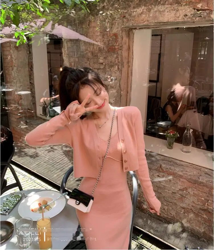 Mùa Thu Suông Nữ Dệt Kim Bộ Đồ Ngắn Áo Khoác Cardigan Midriff Dây Áo Váy Đầm Nữ Công Sở Váy Bộ