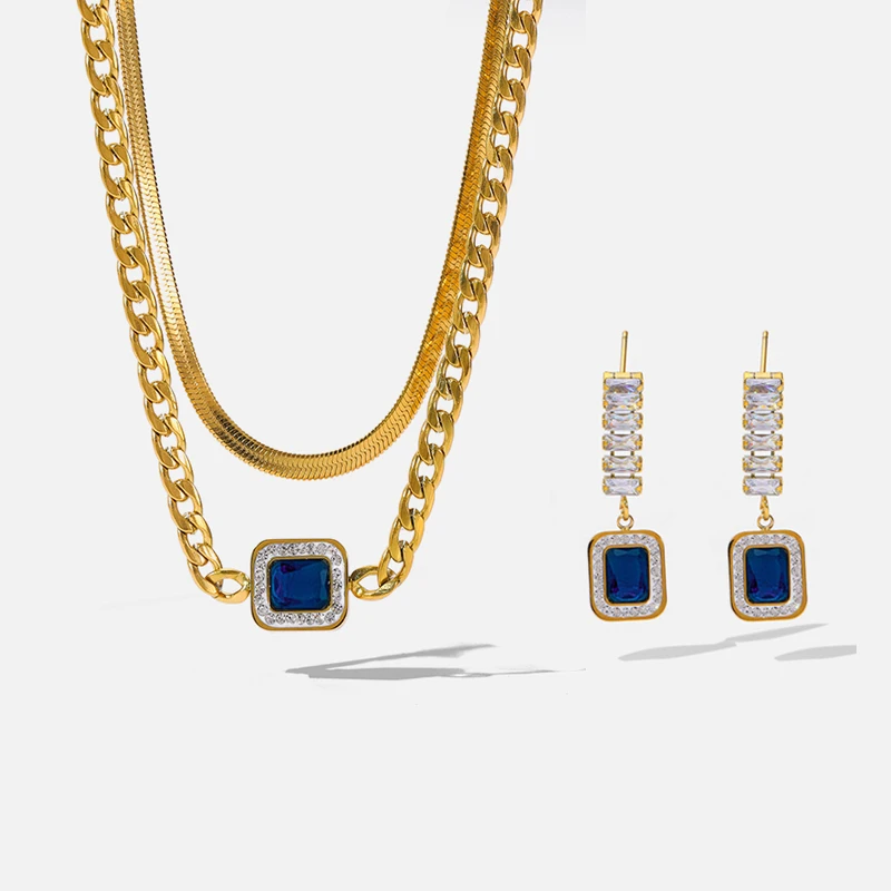 EILIECK 316L Edelstahl Blauer Zirkon Goldfarbene Schlangenkette Halskette Ohrringe für Damen Luxus Designer Hochzeitsschmucksets – Detail 14