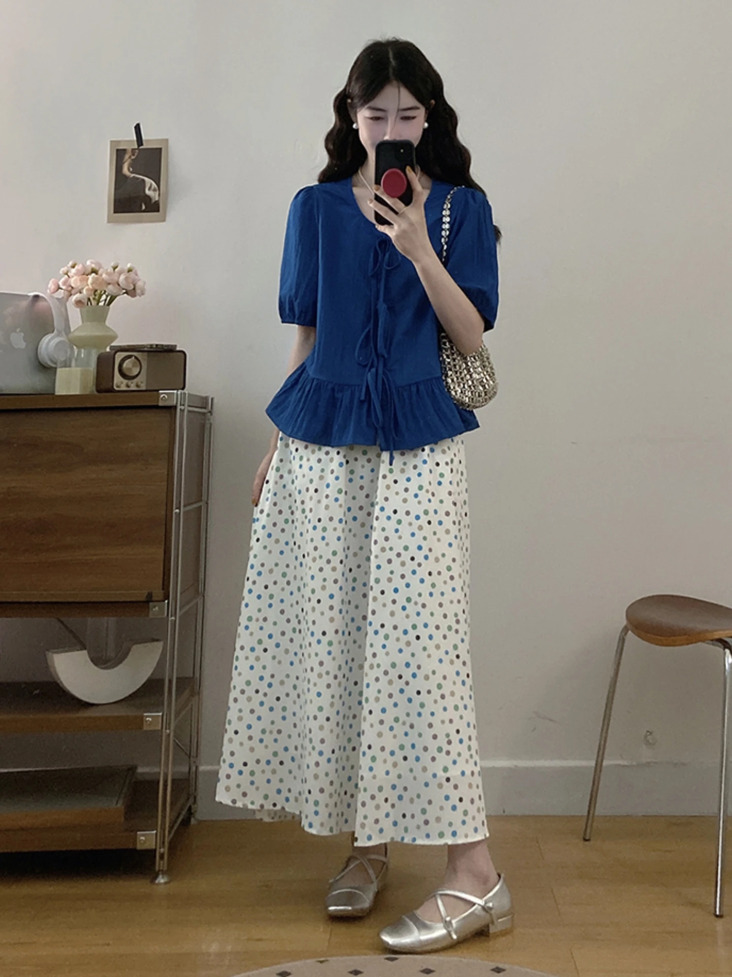

plus Size Slimming Concealing Set Women's Summer Anti-Aging Short Sleeve Shirt Dopaamine Colored Skirt Two Piece Set