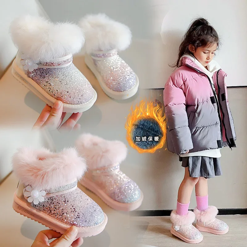 스노우부츠 Kid Snow Boots 2023 Winter Boot Plush Child Cotton Shoe Warm Ankle Boot Anti Slip Medium Large Children Shoes Padded Boots