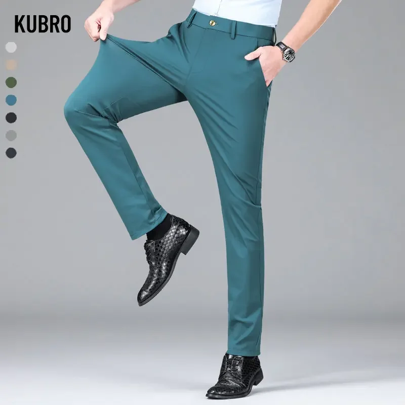 KUBRO 2023 New Trousers Men\'s Summer Thin Section Slim Casual Pants Man Multi Color Optional Ice Silk Loose Straight Business