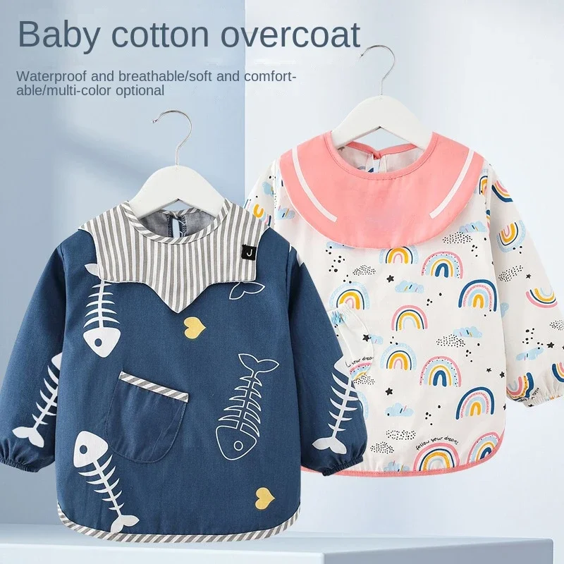 New Children Feeding Aprons Long Sleeve Baby Bib Four Seasons Cotton Full Cover Kid Gown with Bag Waterproof Long-Sleeve Smock