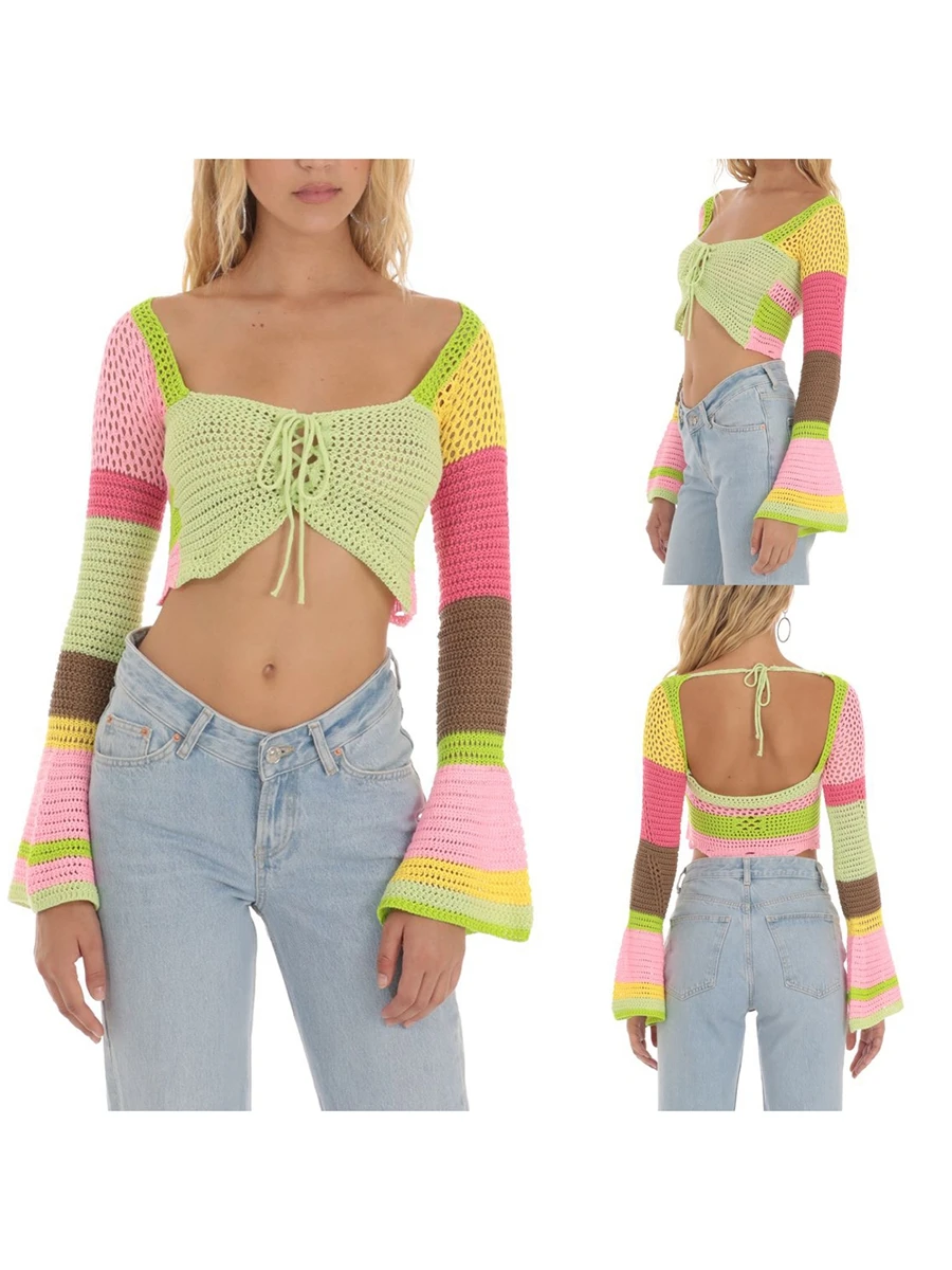 

Spring Fall Women s Square Neck Backless Crochet Crop Top Y2K Contrast Color Bell Sleeve Cropped Pullover Sweater