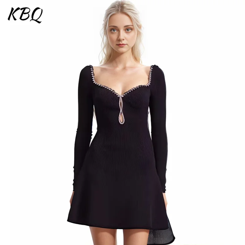 

KBQ Solid Patchwork Diamonds Mini Dresses For Women Square Collar Long Sleeve High Waist Slimming Sexy Dress Female Fashion New