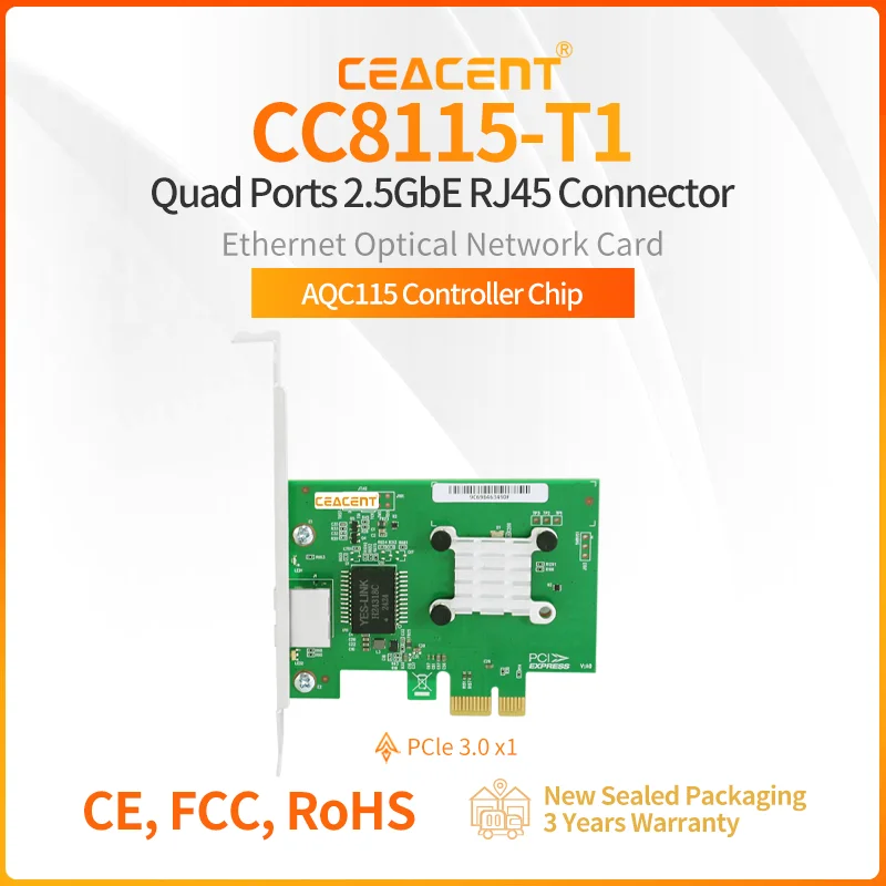 CC8115-T1 AQC115 PCI-E 2.0 x1 منفذ واحد RJ45 2.5Gb/s بطاقة شبكة سطح المكتب انخفاض استهلاك الطاقة