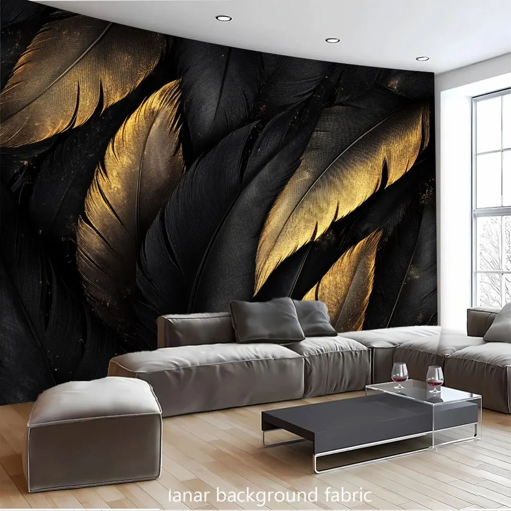 Black Gold Feather Tapestry Luxury Abstract Pattern Modern Wall Hanging Elegant Living Room Decor 2D Planar Background Fabric