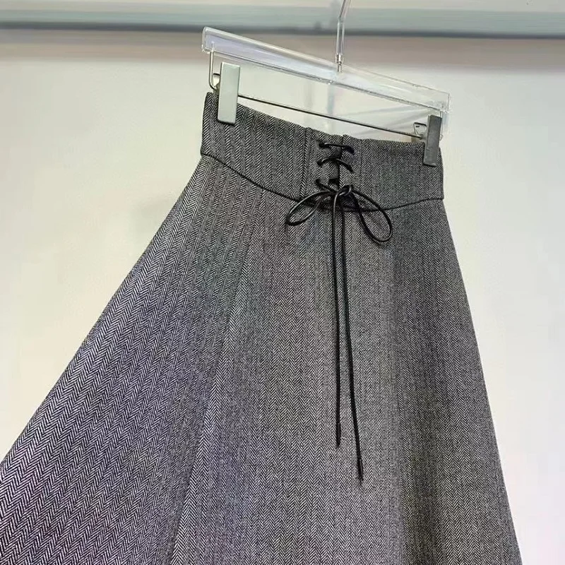 New 2023 Winter Fashion Wool Long Skirts High Quality Women Cross String Waist Tweed Wool Ladies Elegant Grey Maxi Skirt Clothes