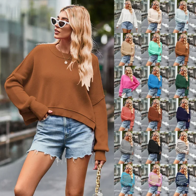 

Осень-зима 2025 г., однотонный вязаный топ с длинными рукавами и круглым вырезом для внешней торговли в европейском и американском стиле