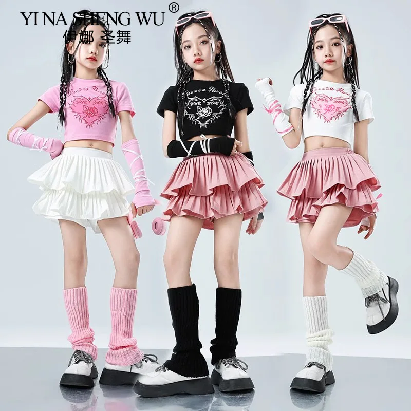 Kind Nette Hip Hop Kleidung Herz Crop Top T Shirt Arm Ärmel Straße Plissee Layered Rock für Mädchen Jazz Dance Kostüme Kleidung