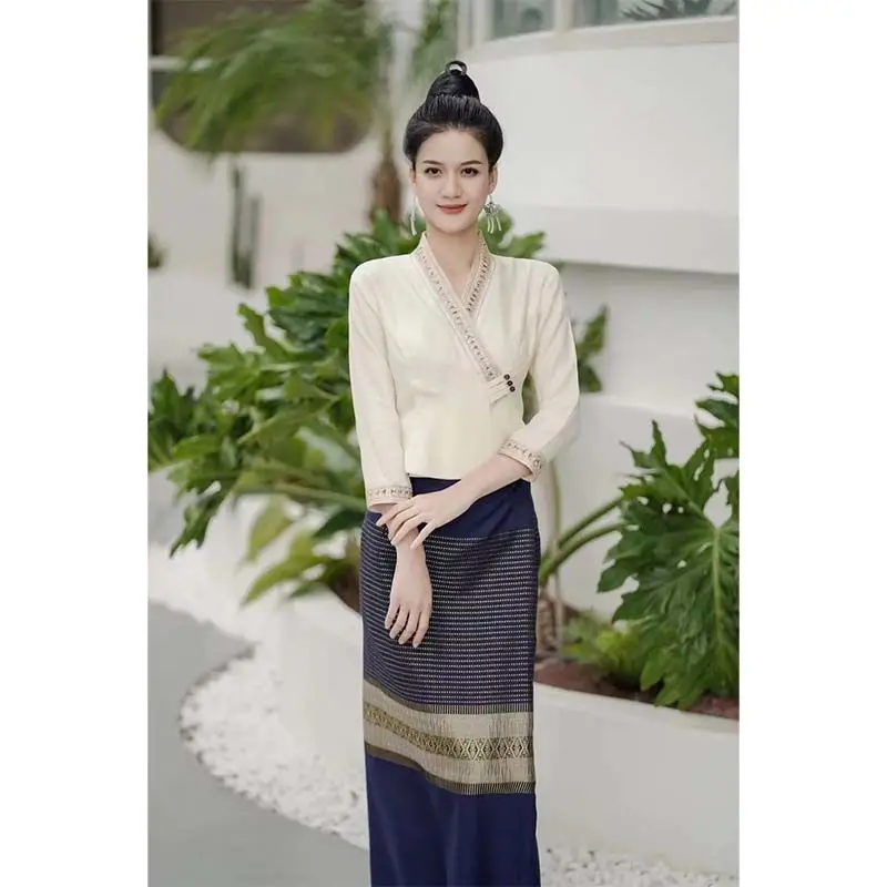 Thailand Traditional Clothes Vintage Travel Dress Chinese Ethnic Style Women Elegant Vacation Thai Vocation Photography Dress