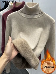 Suéter de cuello alto de terciopelo grueso para mujer, moda coreana forrada, suéter de punto cálido, Top Delgado, Jersey de punto, Jersey de invierno