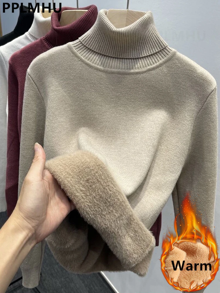Gruby aksamitny sweter z golfem damski koreański modny podszyty ciepły sweter z dzianiny wąski top zimowa koszulka z dzianiny sweter