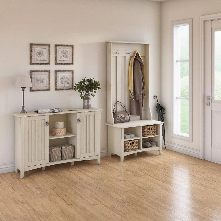 Salinas Entryway Storage Set with Hall Tree, Shoe Bench and Accent Cabinet in Antique White