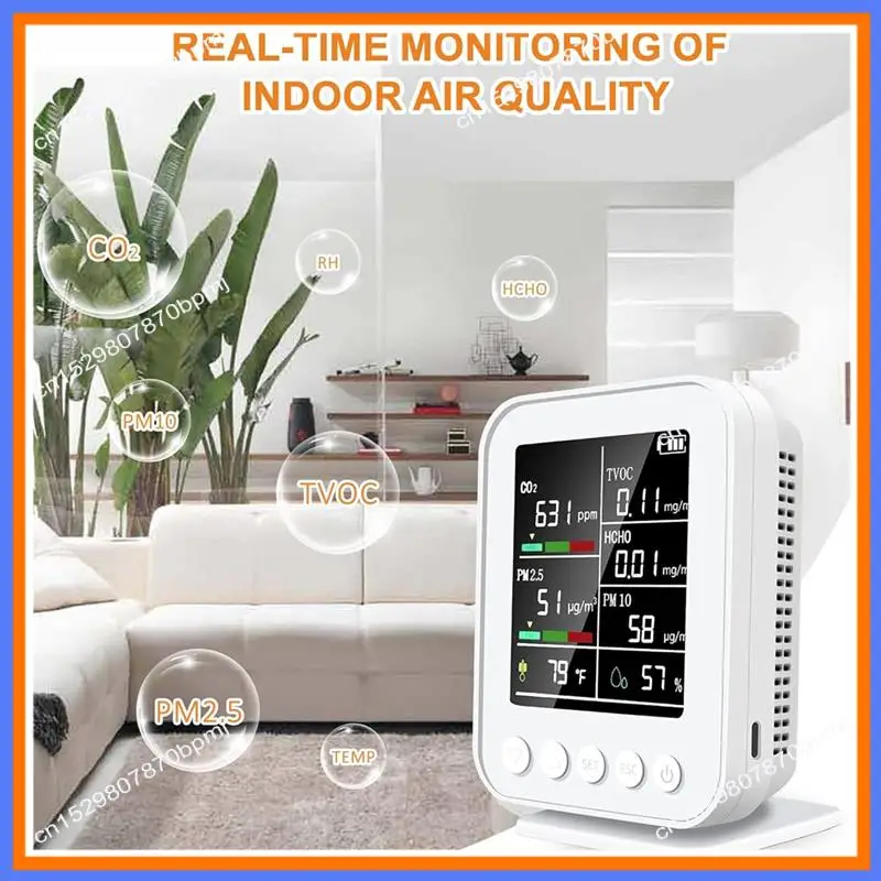 BAAE Monitor inteligente de calidad del aire 7 en 1 con PM2.5, detector de CO2 con alarma, sensores de temperatura y humedad, pantalla LED
