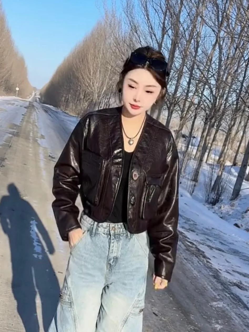 

Spring 2025 Women's Loose Fit ort Leather Jaet V-Ne Double Button Large ket eepskin Casual Sle Long Sve Coat