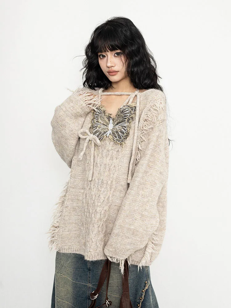 

OCTTFLAB American Retro Tassel Knot Knitted Sweater Women Loose Lazy Versatile Autumn Winter Top Casual Sle Long ...