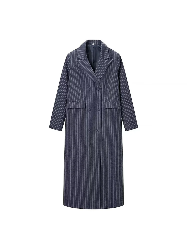 

European style new arrival women's fashion versatile and elegant lapel long-sleeved fine striped long wool coat/jacket.