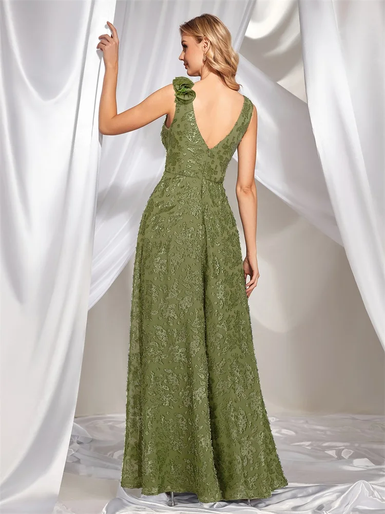 XUIBOL Elegant V Neck Green Floral Evening Dress Long 2024 Luxury Women Chiffon Sleevesless Party Dress Prom Cocktail Dress