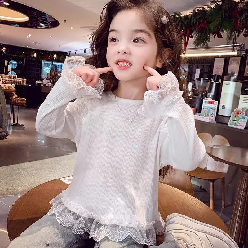 

Детская одежда с многослойной кружевной отделкой для девочек, детский топ, весна-осень, футболка для девочек 2025 года, футболка для подростков от 7, 8 лет, подростков 9, 10 4