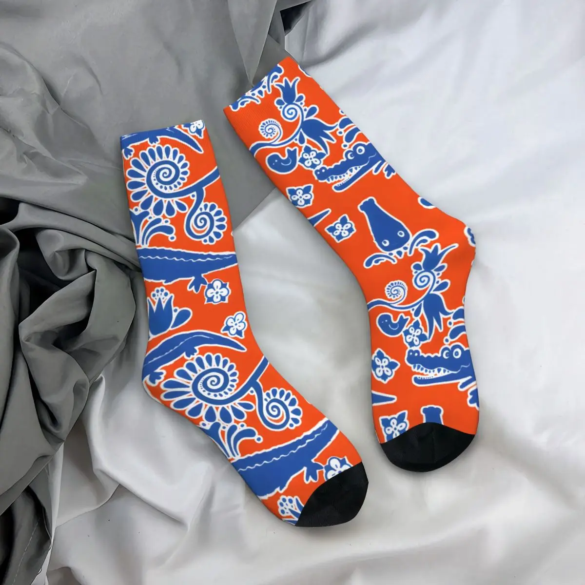 Gator Toile-Men's Vintage Harajuku Street Style Novidade Seamless Crew Sock, Laranja e Azul