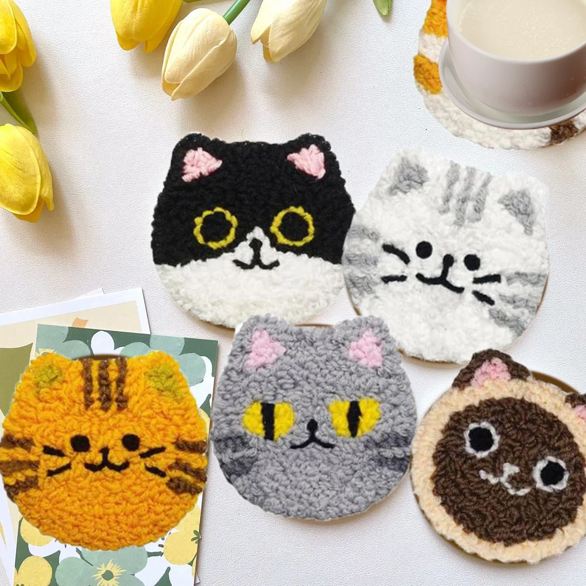 

6PCS Cute Cat Punch Needle Coaster Kit Easy DIY Punch Needle Embroidery Kit for Beginners Adults Coaster Holder Art Craft
