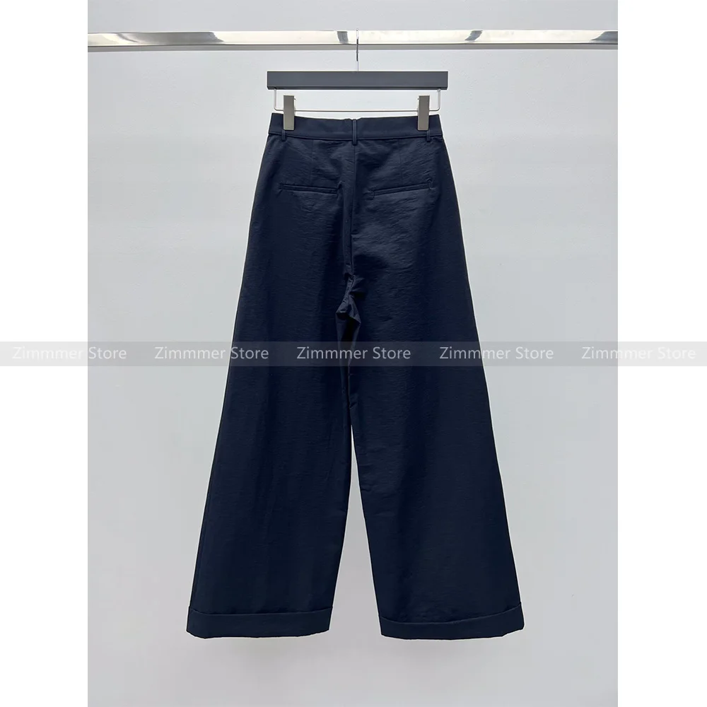 Stylish high waisted simple fashion casual double pockets decorated hem rolled wide leg pants