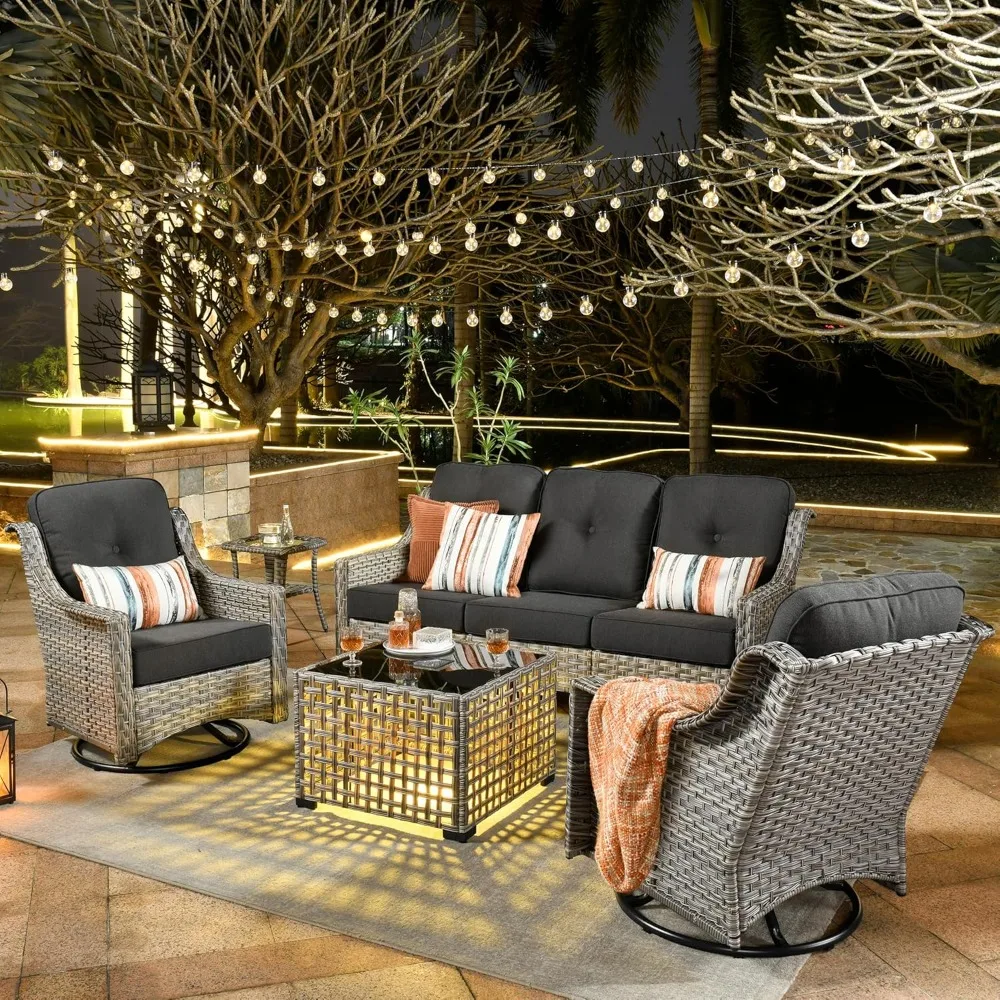 

Rattan Wicker Coversation Set with Swivel Rocking Chair,Balcony Sofa Set with Shiny Table for Outside Porch Backyard Pool