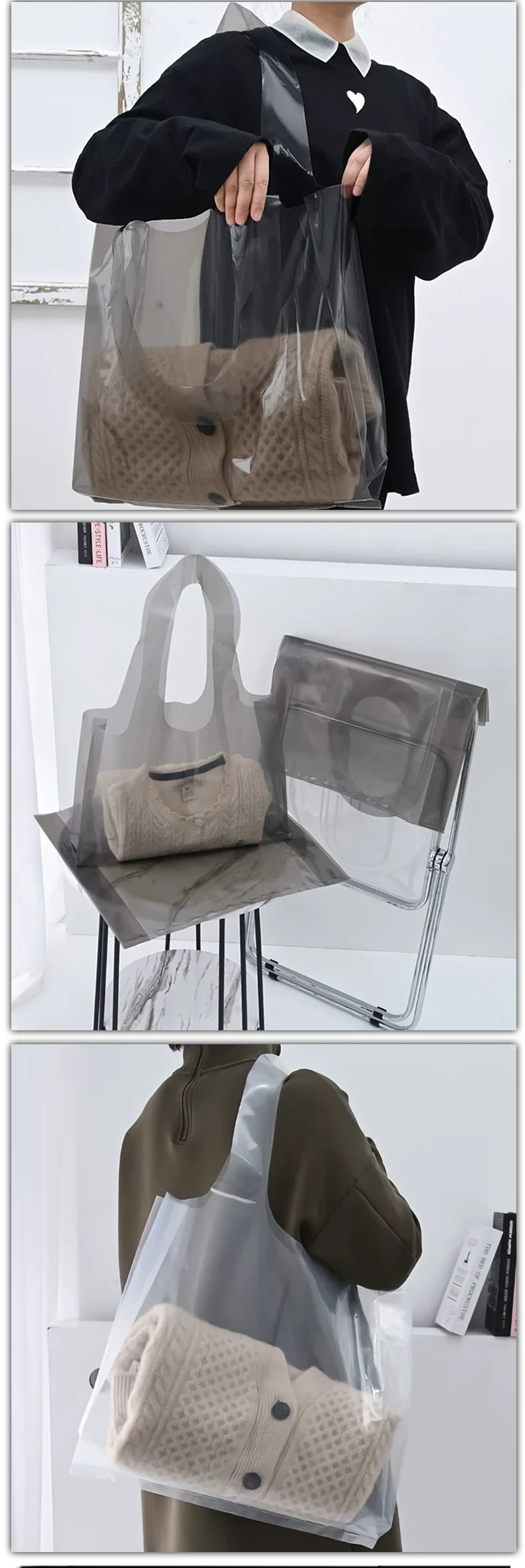 10 Stück Transparente Einkaufstaschen für Bekleidungsgeschäfte, Plastik-Geschenk- und Einkaufstaschen für Damenkleidung, Anpassbares Logo – Detail 3