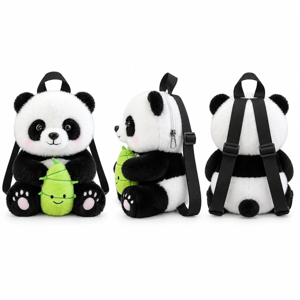 New Soft Panda Backpack with Bamboo Shoot Adjustable Cartoon Animal Backpack Cartoon Cute Doll Backpack for Girls