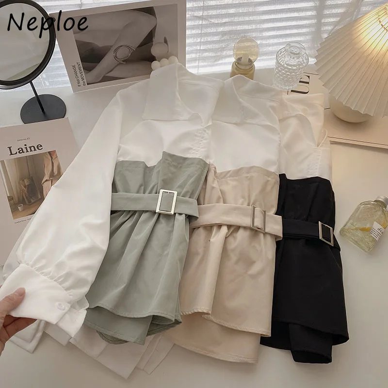 Neploe Elegant Temperament Autumn Shirt Women 2024 New Korean Style Long-sleeve Blouses Woman Belt Slim Waist Blusas Female