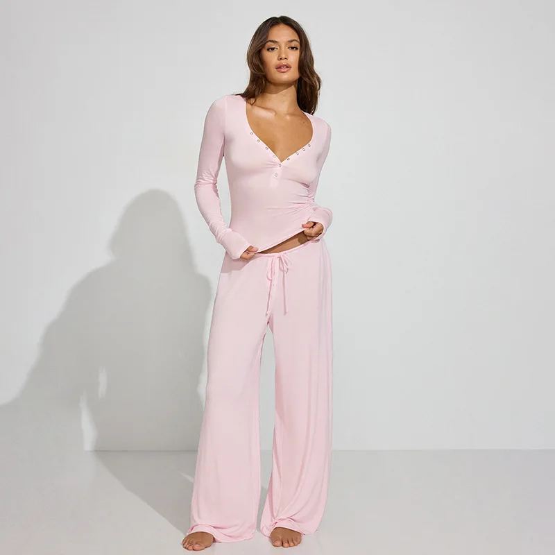 

Blifanbo Casual Long Pants Set Two Pieces Set For Women Autumn V Neck Long Sleeve Slim Top And Lace-up Long Pants Matching Set