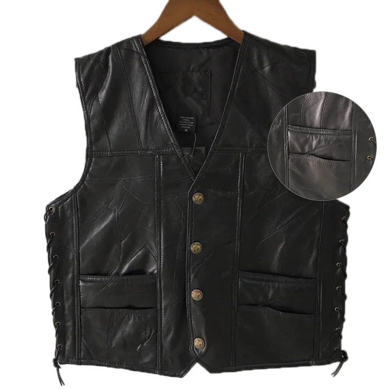Leather Work Vest - Chaleco de motocicleta de cuero negro